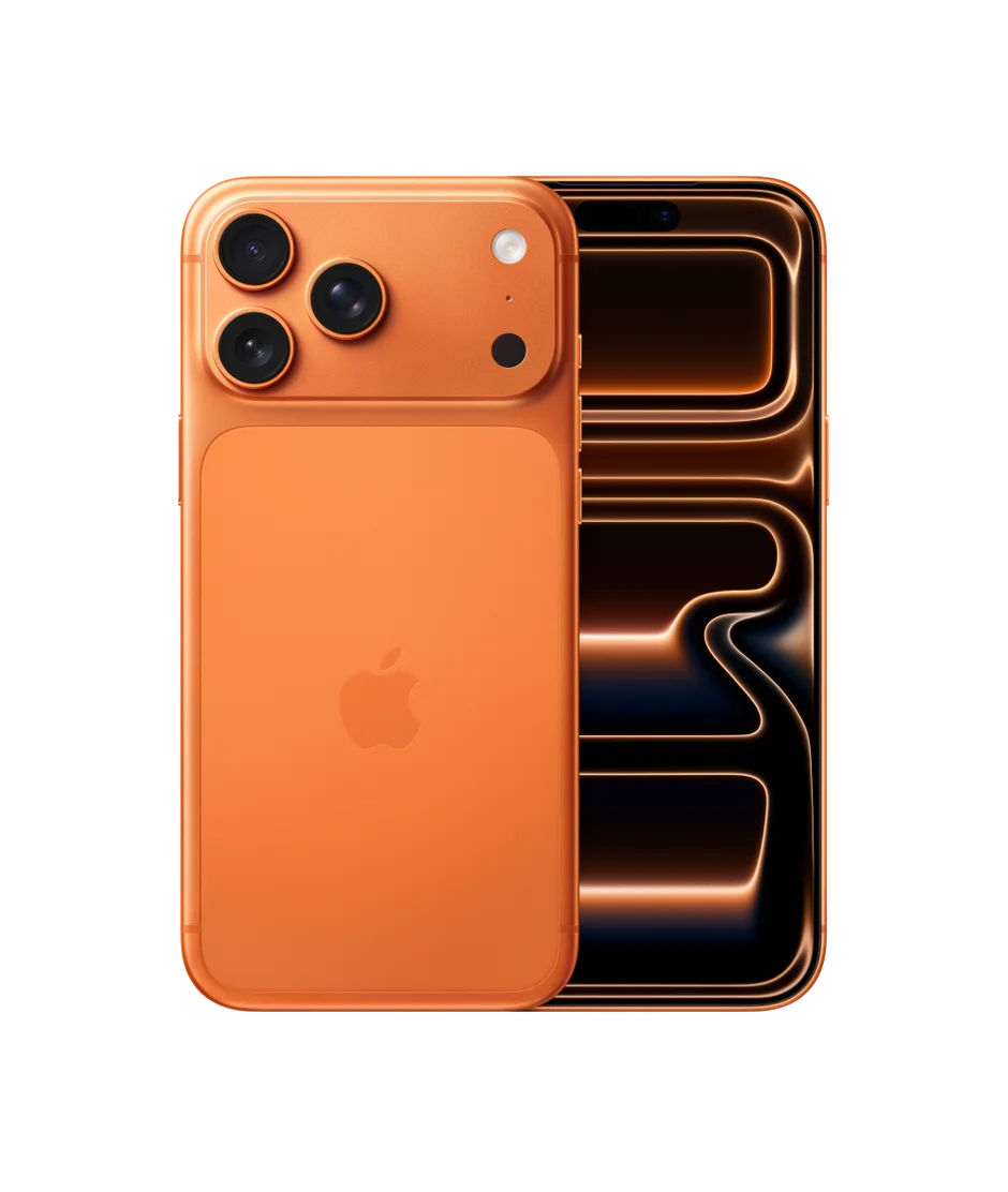 iPhone 17 Pro Max in Cosmic Orange — back and front view