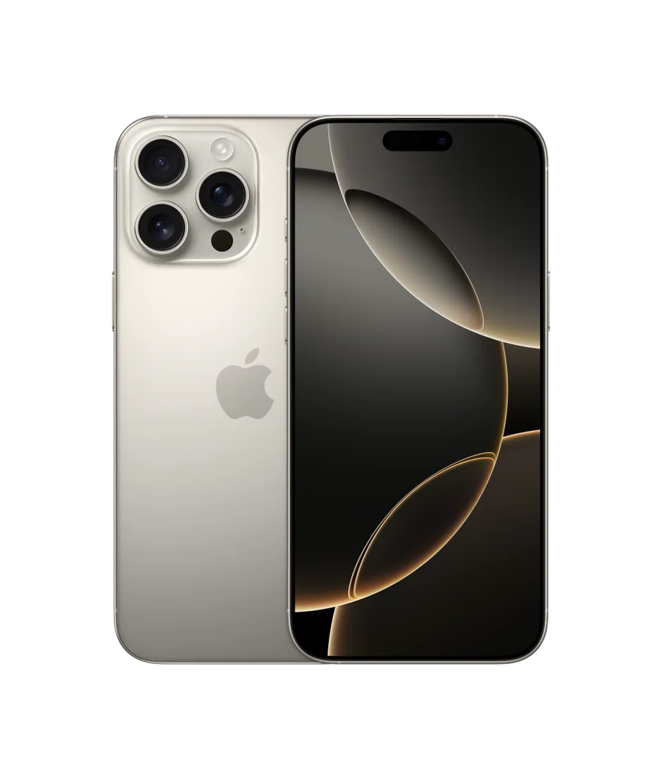 iPhone 16 Pro Max in Natural Titanium — back and front view