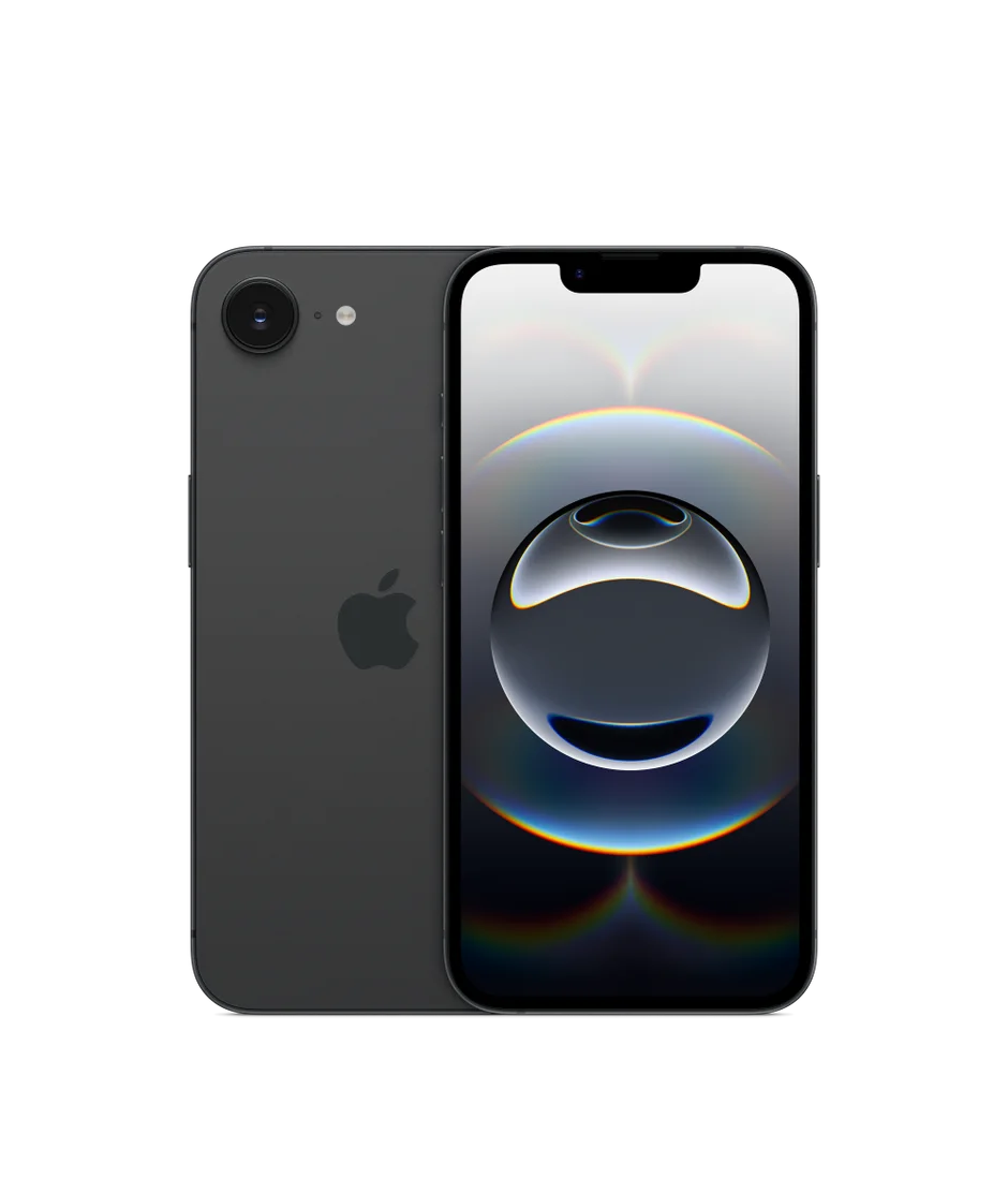 iPhone 16e in Black — back and front view
