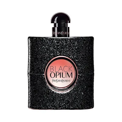 Yves Saint Laurent Black Opium Eau de Parfum 90ml bottle with black glitter finish and pink medallion — official brand image