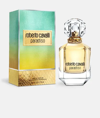 Roberto Cavalli Paradiso Eau de Parfum 75ml beside its turquoise-to-yellow box with a gold snakeskin band