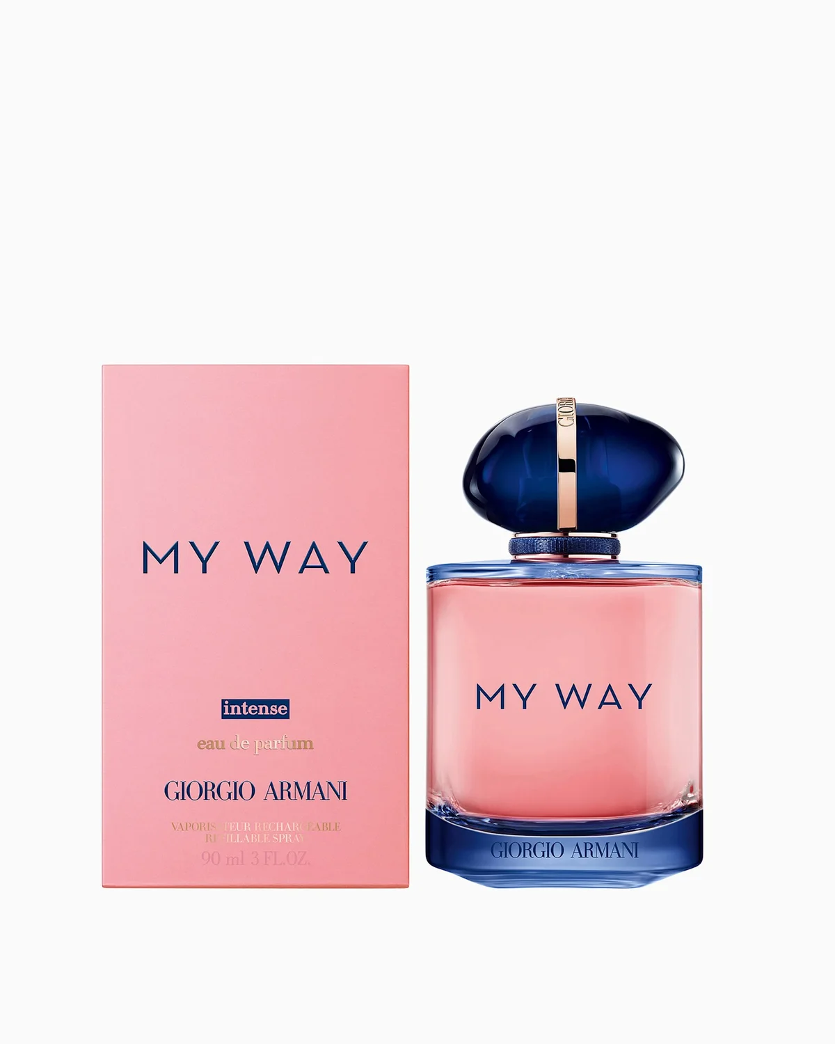 جعبه صورتی و بطری مای وی اینتنس ۹۰ میلی لیتر با درج «intense eau de parfum» و «90 ml 3 FL.OZ» — عکس رسمی برند