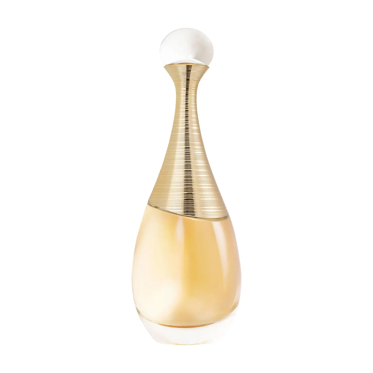 Dior J'adore Eau de Parfum 100ml bottle with its ribbed golden collar and white ball cap — official brand pack shot