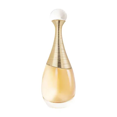 Dior J'adore Eau de Parfum 100ml bottle with its ribbed golden collar and white ball cap — official brand pack shot