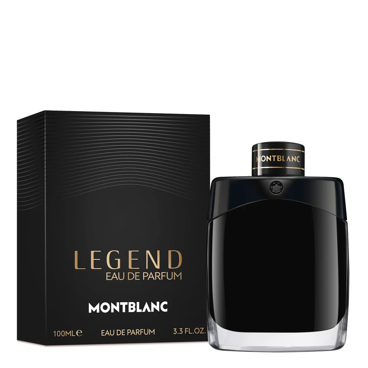Montblanc Legend Eau de Parfum 100ml beside its black box with gold LEGEND lettering — official brand image
