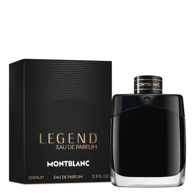 Montblanc Legend Eau de Parfum 100ml beside its black box with gold LEGEND lettering — official brand image