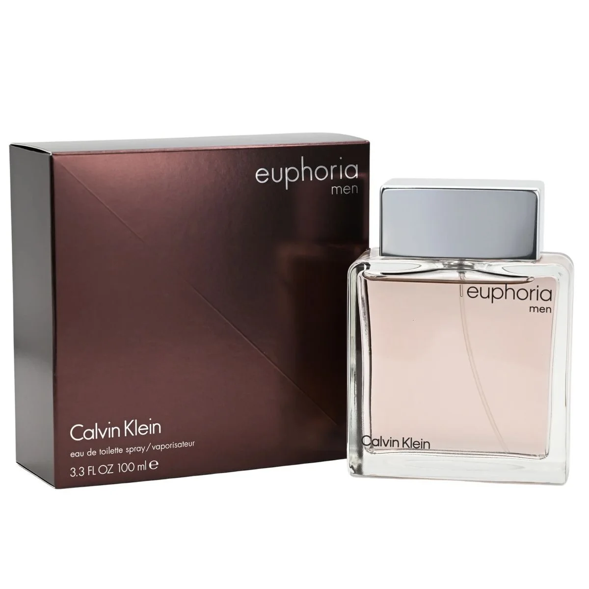 Calvin Klein Euphoria Men Eau de Toilette 100ml beside its plum box printed 3.3 FL OZ 100 ml