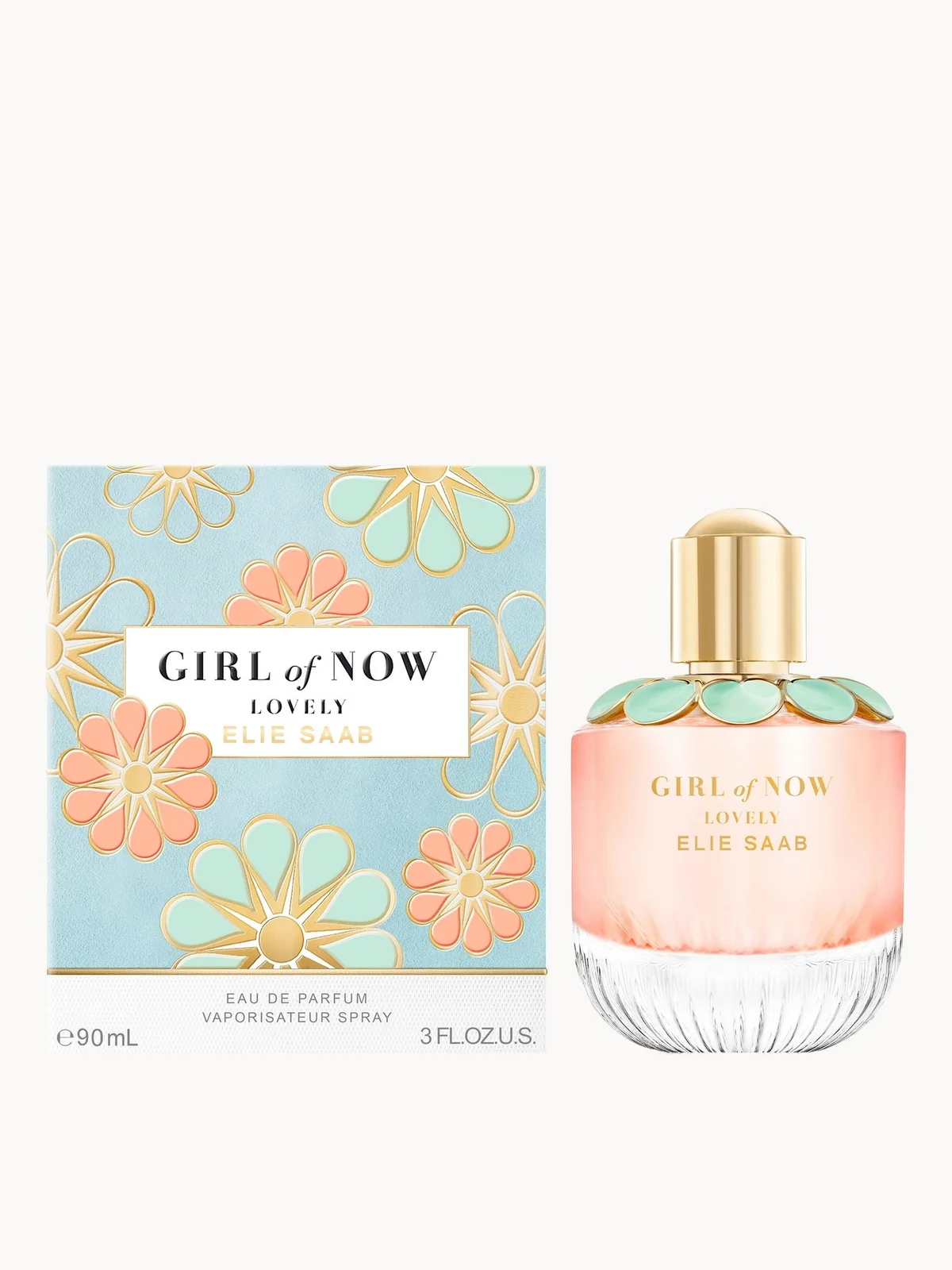 Elie Saab Girl of Now Lovely Eau de Parfum 90ml beside its blue floral box printed e 90 mL — official packshot