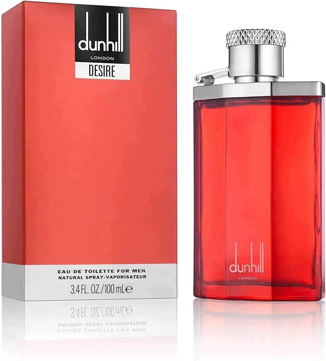 Dunhill Desire red 100ml Eau de Toilette beside its red box marked EAU DE TOILETTE FOR MEN