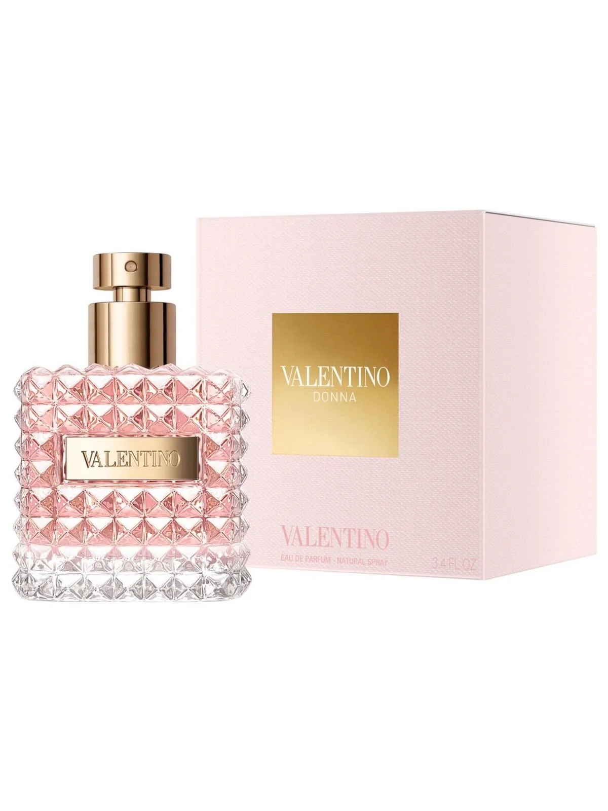 Valentino Donna 100ml bottle with its gold cap and gold nameplate, beside the pink box printed 3.4 FL OZ